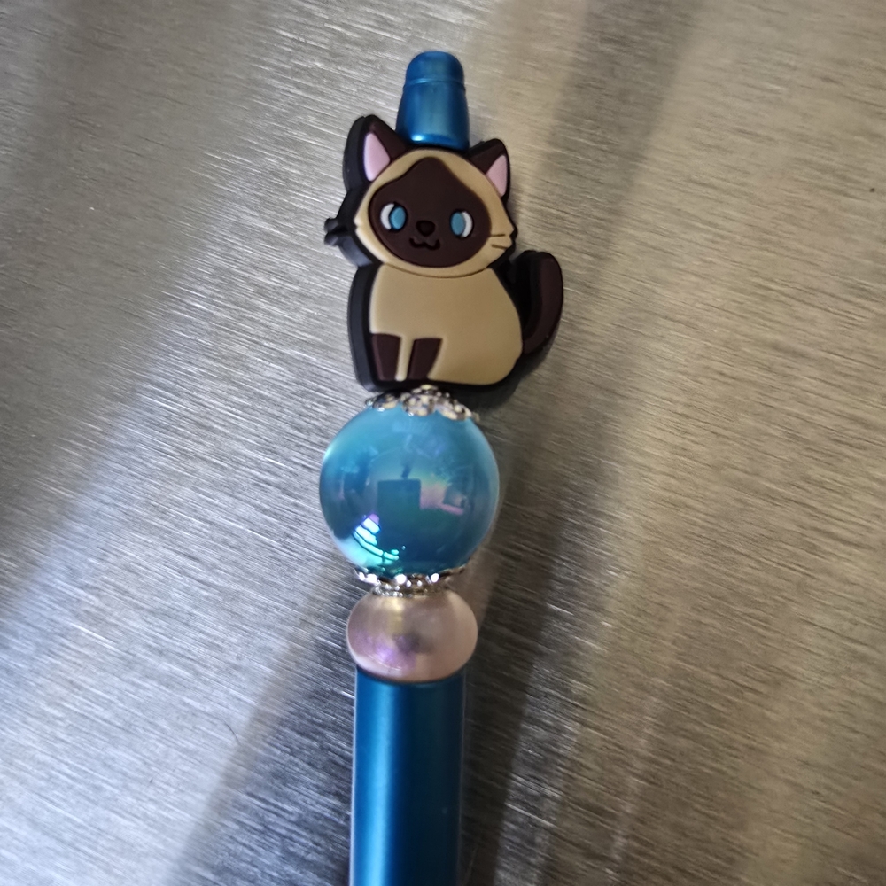 Cute Cat Pen with Blue and Pearl Pink Accents